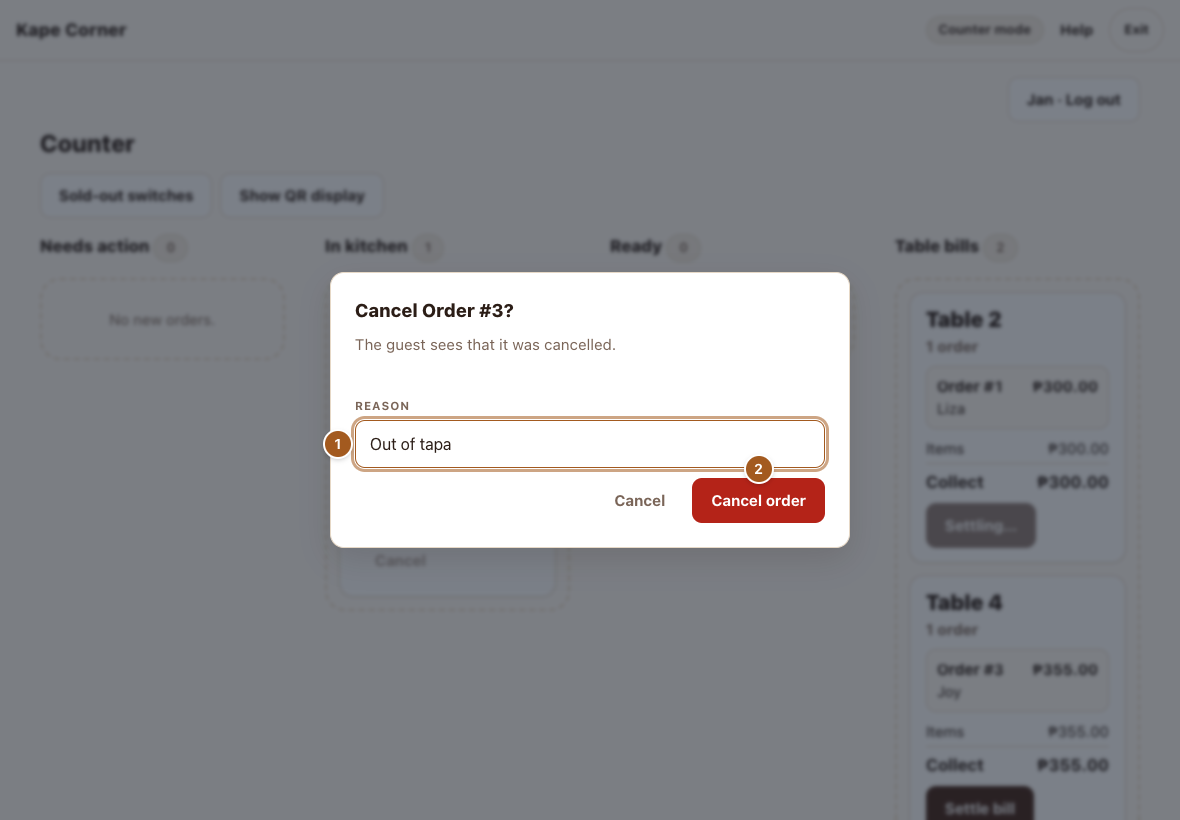 Cancelling an order with a reason