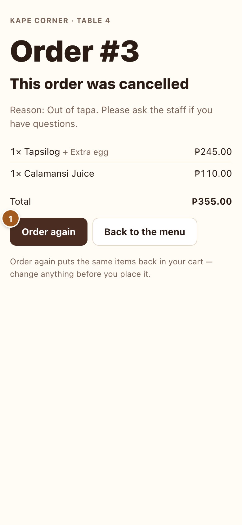 A cancelled order on the guest's phone