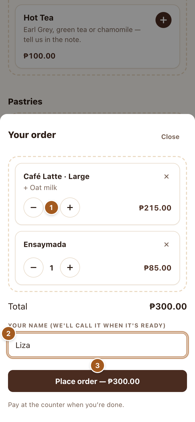 The guest's order before placing it
