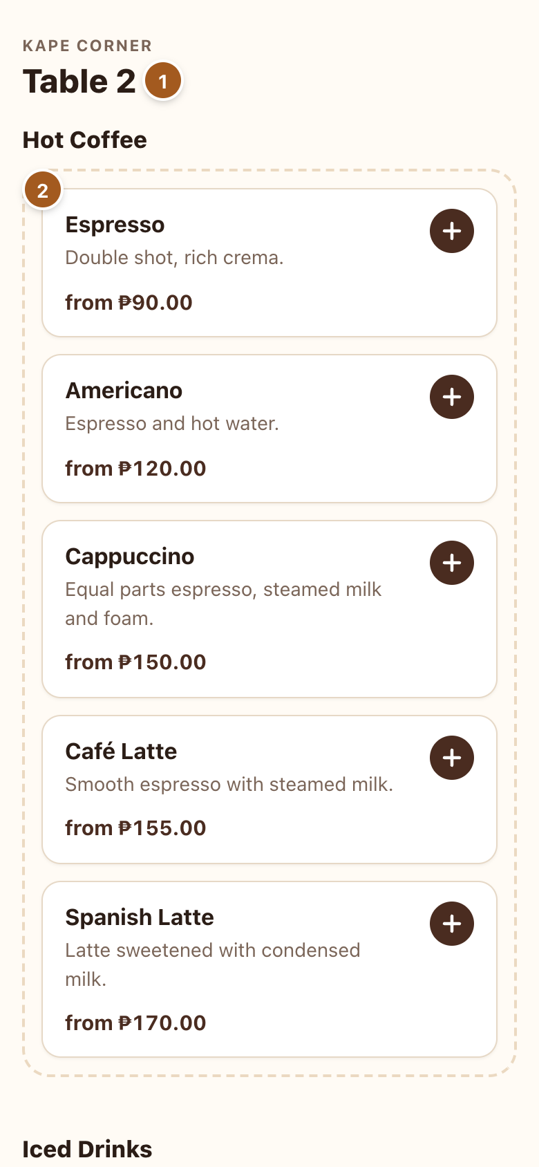 The guest menu on a phone
