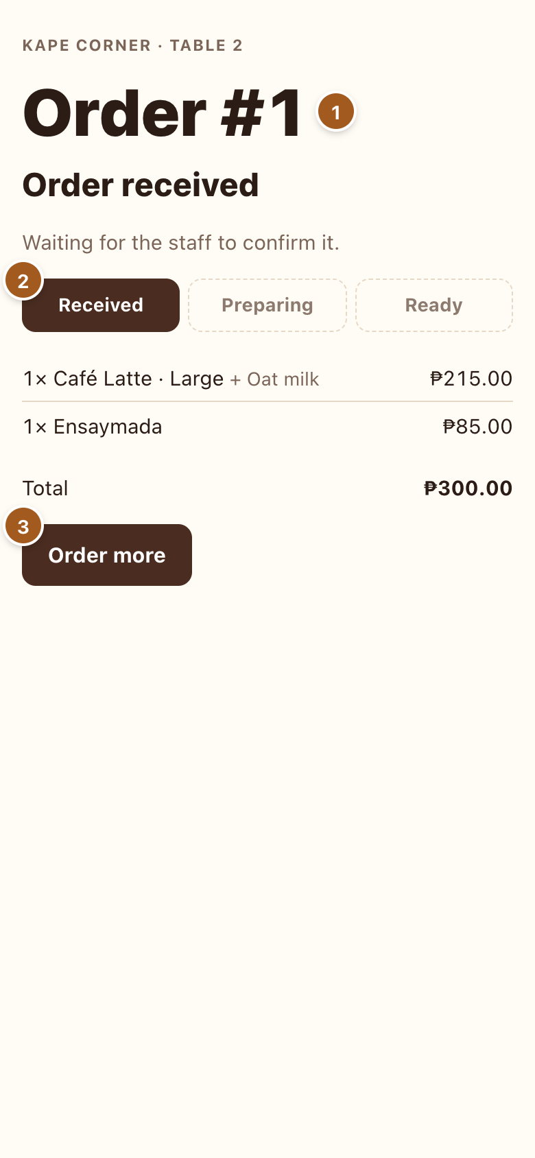 The guest's live order status