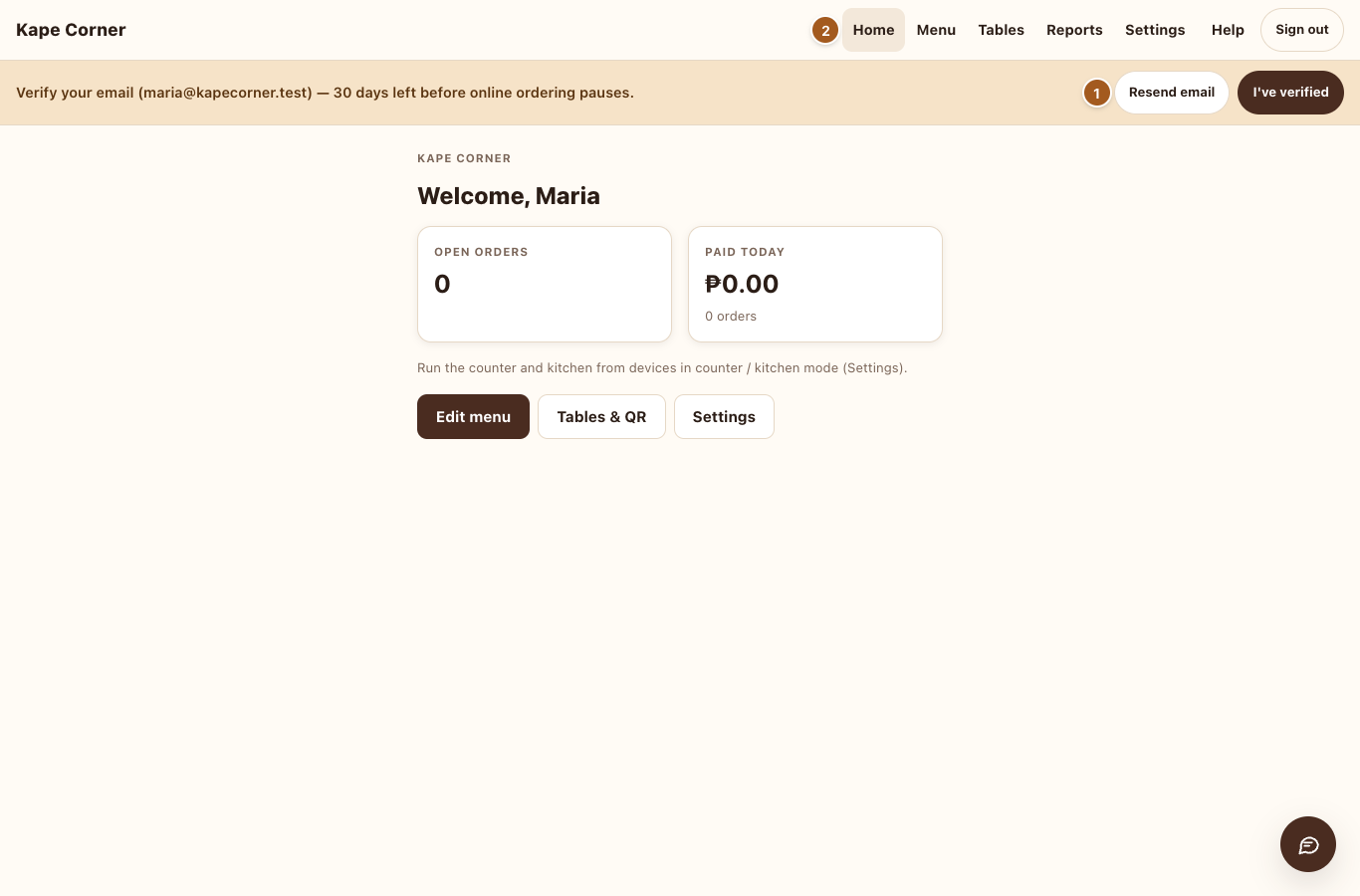 The home screen of a new bistro with the verify-email banner