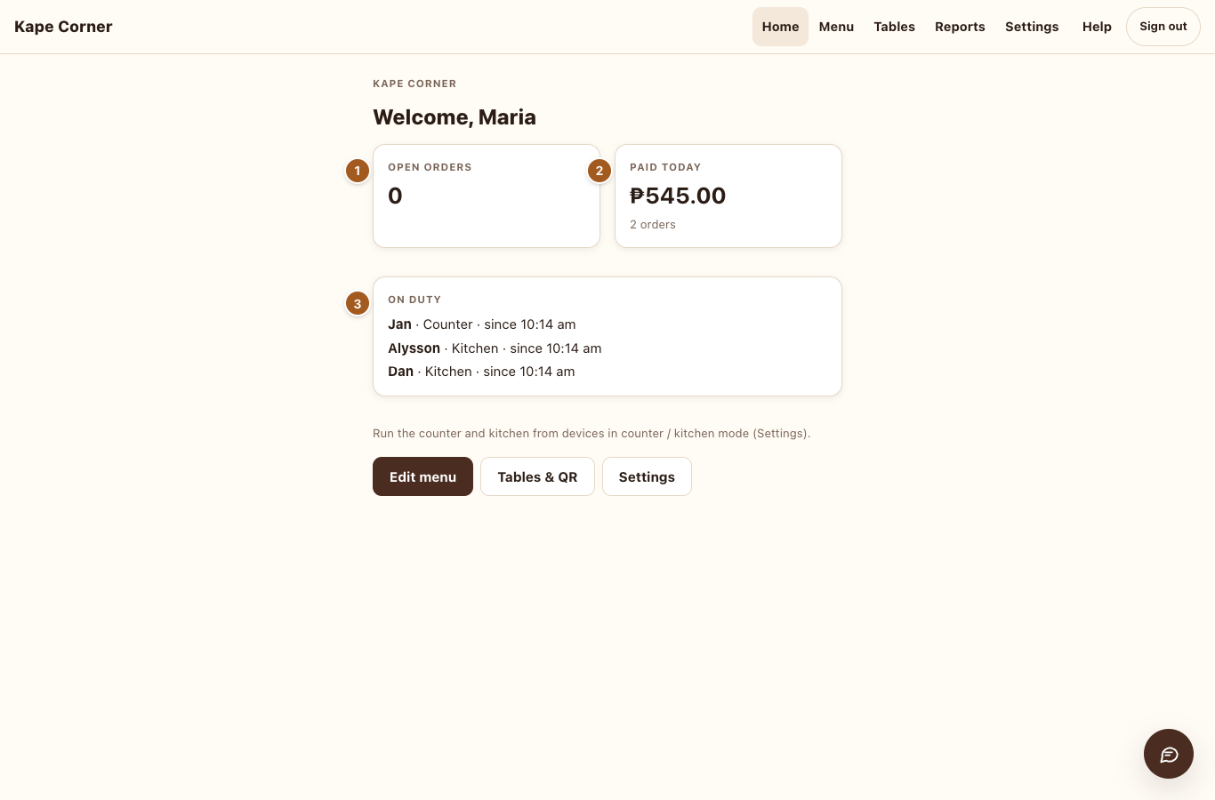 Home: open orders and today's paid sales