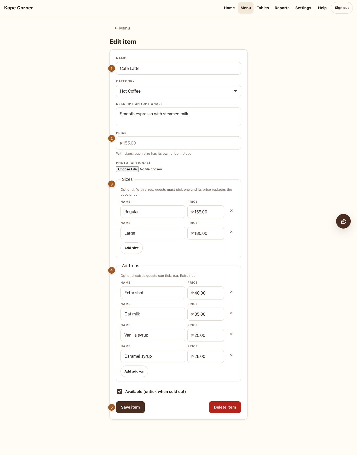 Editing an item with sizes and add-ons
