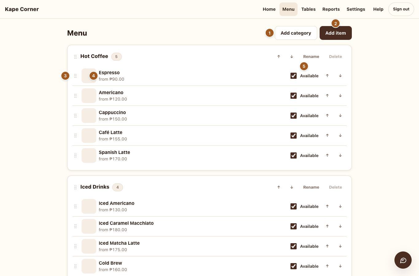 The menu page with categories and items