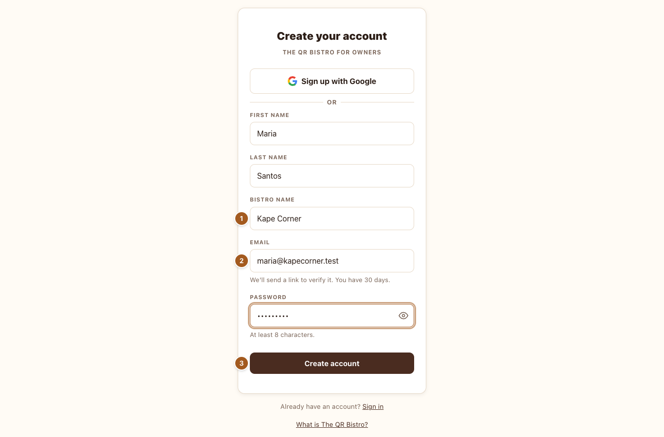 The create-account form, filled in