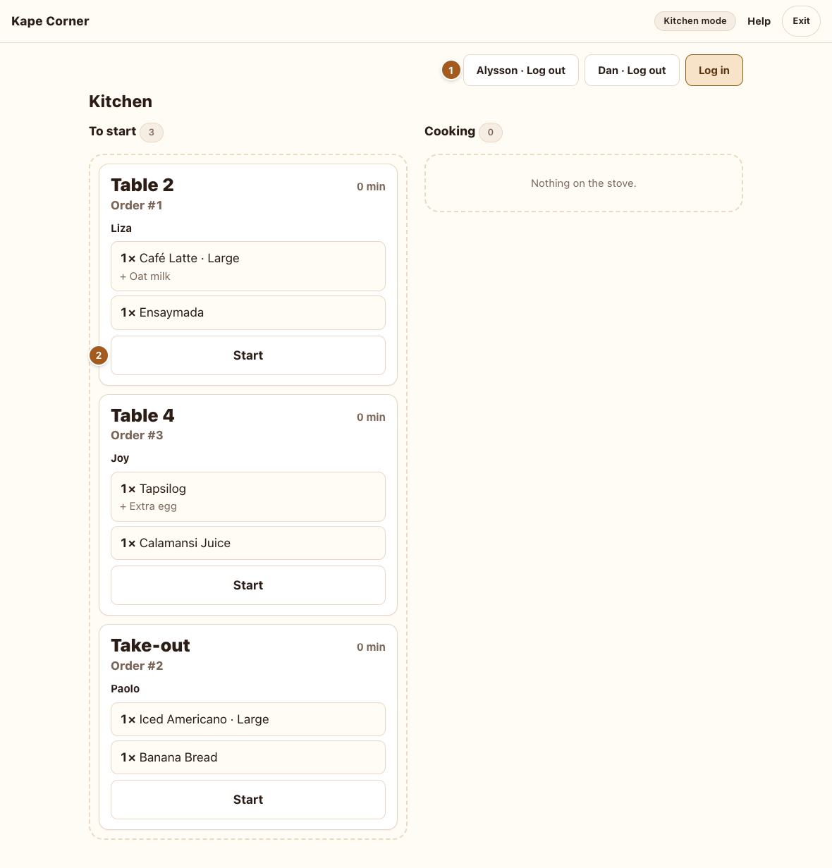 The kitchen board with two cooks logged in
