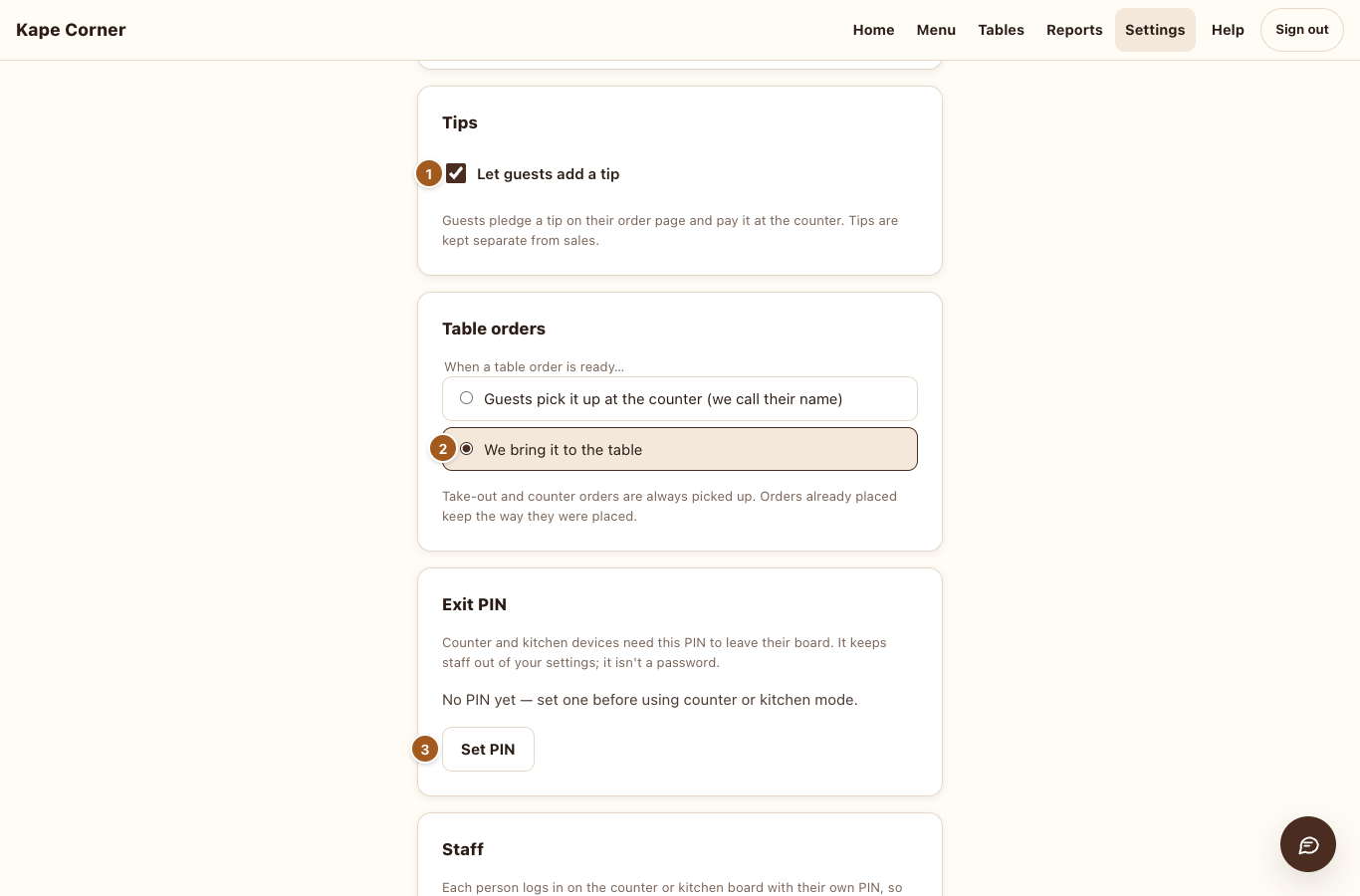 Settings: tips, table orders and exit PIN